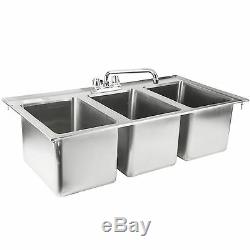WITH FAUCET 37 Three Compartment Sink 10 x 14 Bowl Stainless Steel Drop In 3