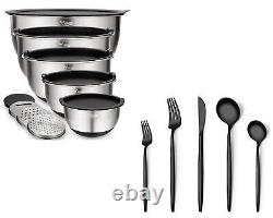 Wildone 5PCS Mixing Bowls with 3 Graters, Matte Black Silverware Set 30 Piece