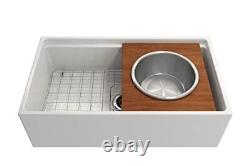 Wood Board with Large Round Stainless Steel Mixing Bowl and Colander F/1344