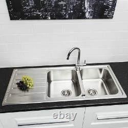 Acier Inoxydable 2 Bol Double Kitchen Sink Inset Réversible Drainer + Déchets Gratuits