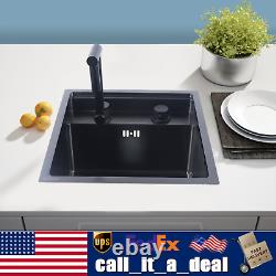 Évier de cuisine carré en acier inoxydable caché à bol unique avec robinet pliant noir