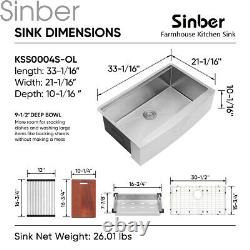 Sinber 33'' 16 Gauge Single Bowl Stainless Steel Farmhouse Tablier Kitchen Sink